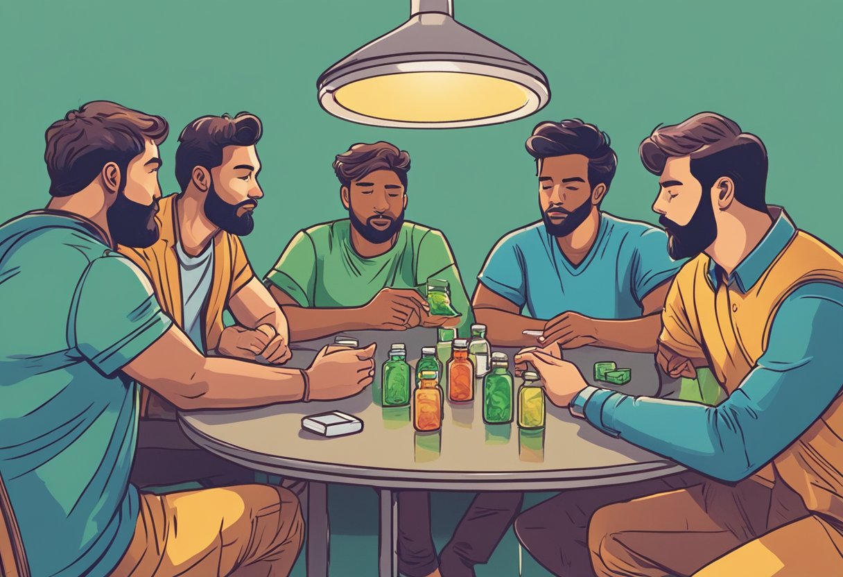 A group of men gather around a table, each holding a CBD gummy. One man gestures while another listens intently. The atmosphere is relaxed and friendly