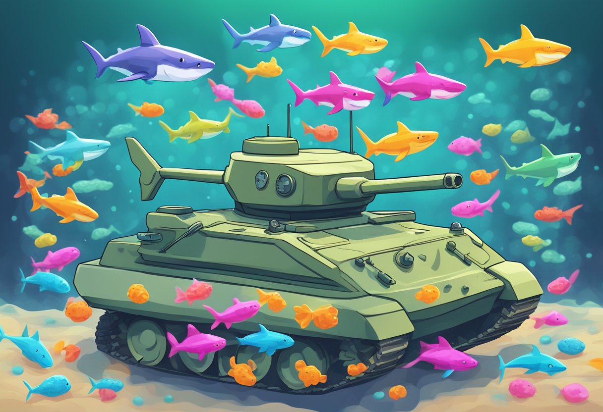 A school of sharks circling around a tank filled with keto gummies