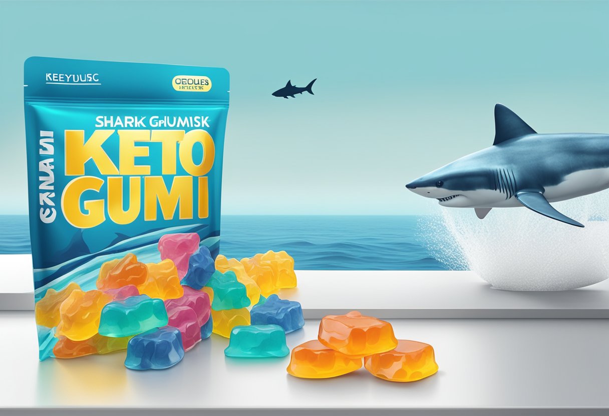 A group of Shark Tank Keto Gummies arranged on a sleek, modern display stand, with a background of ocean waves and a silhouette of a shark swimming