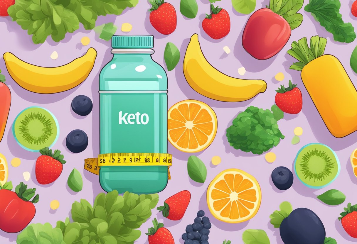 A bottle of Keto gummies surrounded by fresh fruits and vegetables, with a measuring tape wrapped around it, symbolizing weight loss support