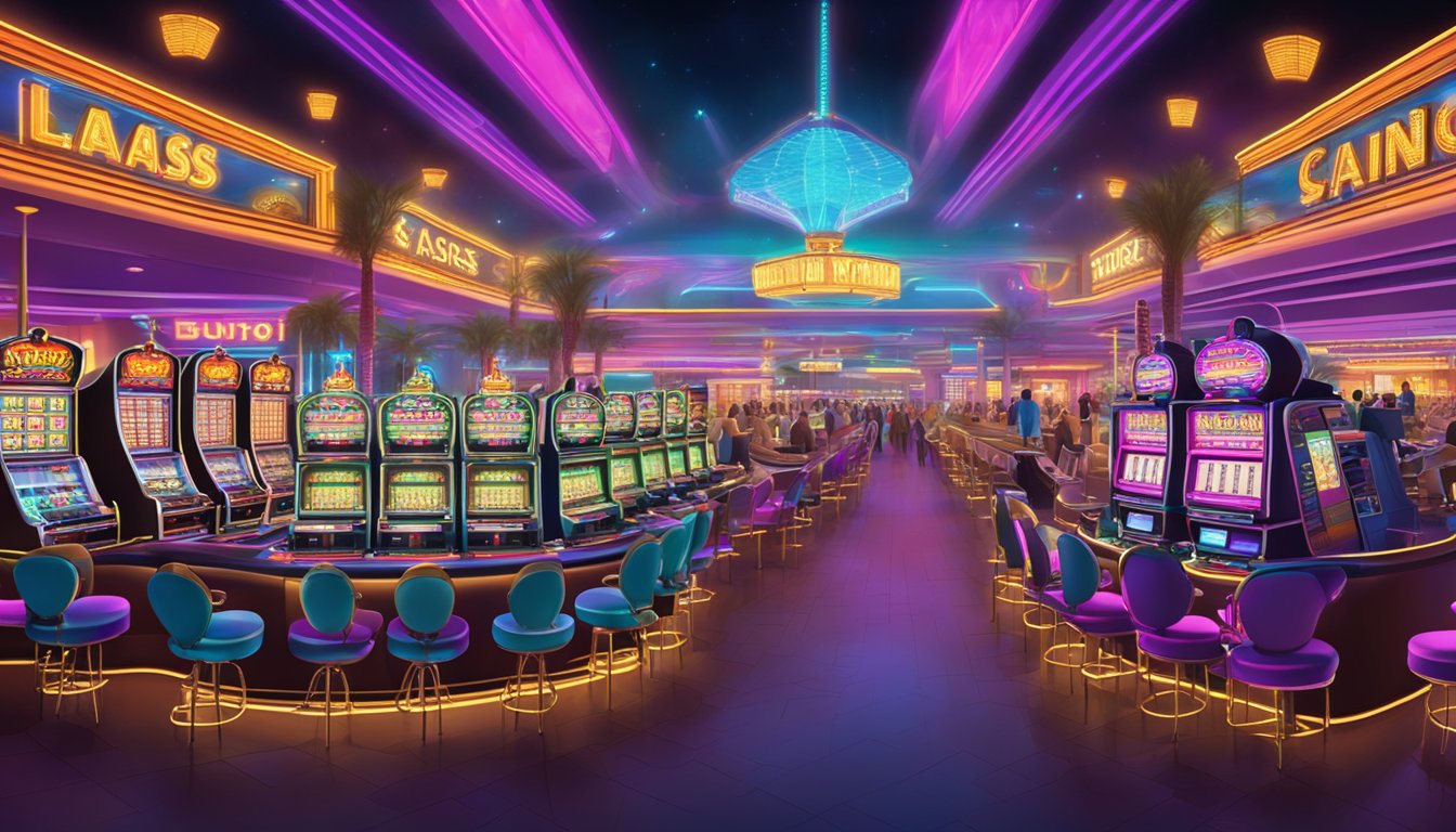 A bustling Las Vegas casino with rows of slot machines, card tables, and colorful neon lights illuminating the lively atmosphere