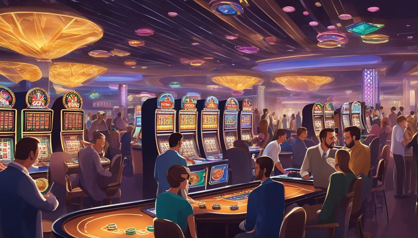 A variety of casino games are being played in a bustling Las Vegas casino. The room is filled with excitement and anticipation as players try their luck at the different games