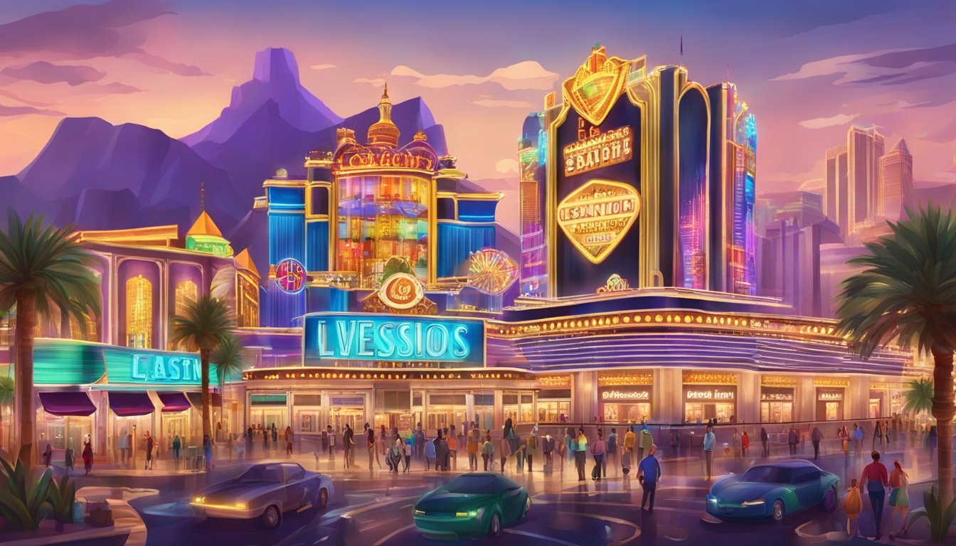 A lively casino with flashing lights and colorful slot machines, surrounded by entertainment shows and famous tourist attractions in Las Vegas