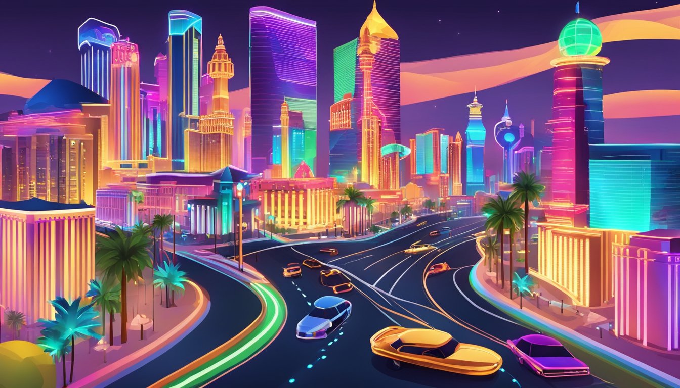 Las Vegas strip, with colorful casino buildings and bright neon lights