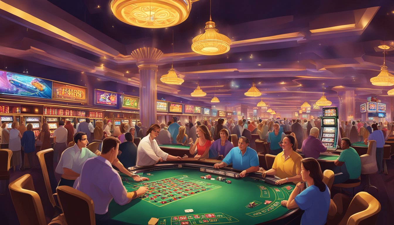 A bustling Las Vegas casino, filled with flashing lights, slot machines, and card tables. Patrons eagerly place bets and exchange chips, creating an energetic and vibrant atmosphere