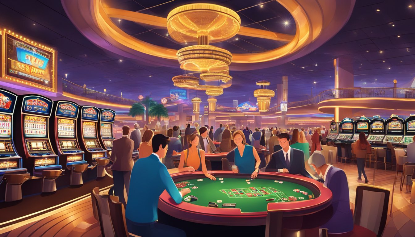 A bustling Las Vegas casino, with bright lights, slot machines, and card tables. Patrons follow safety and conduct rules while enjoying the lively atmosphere