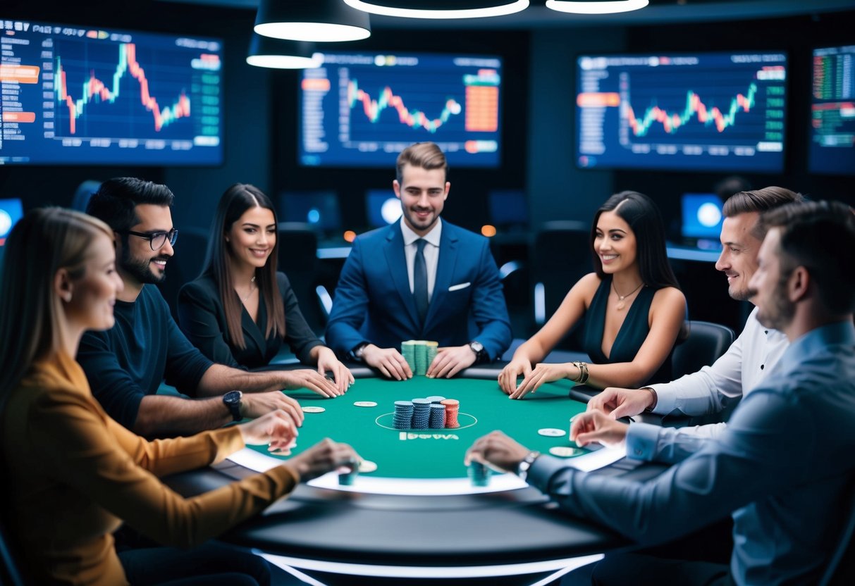 A group of people playing poker with cryptocurrency at a sleek and modern table, surrounded by high-tech gadgets and screens displaying digital currency charts