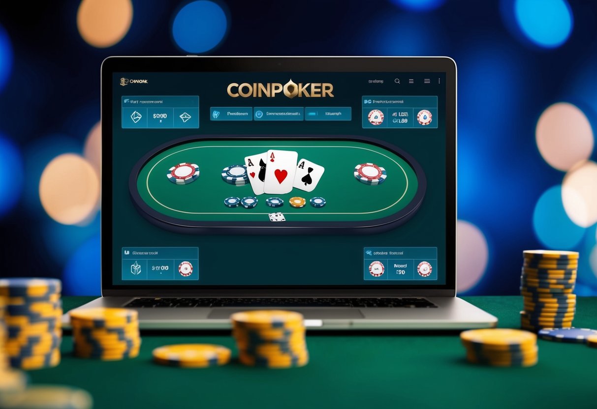 A digital illustration of the CoinPoker software interface with a sleek and modern design, featuring virtual poker tables, chips, and cards