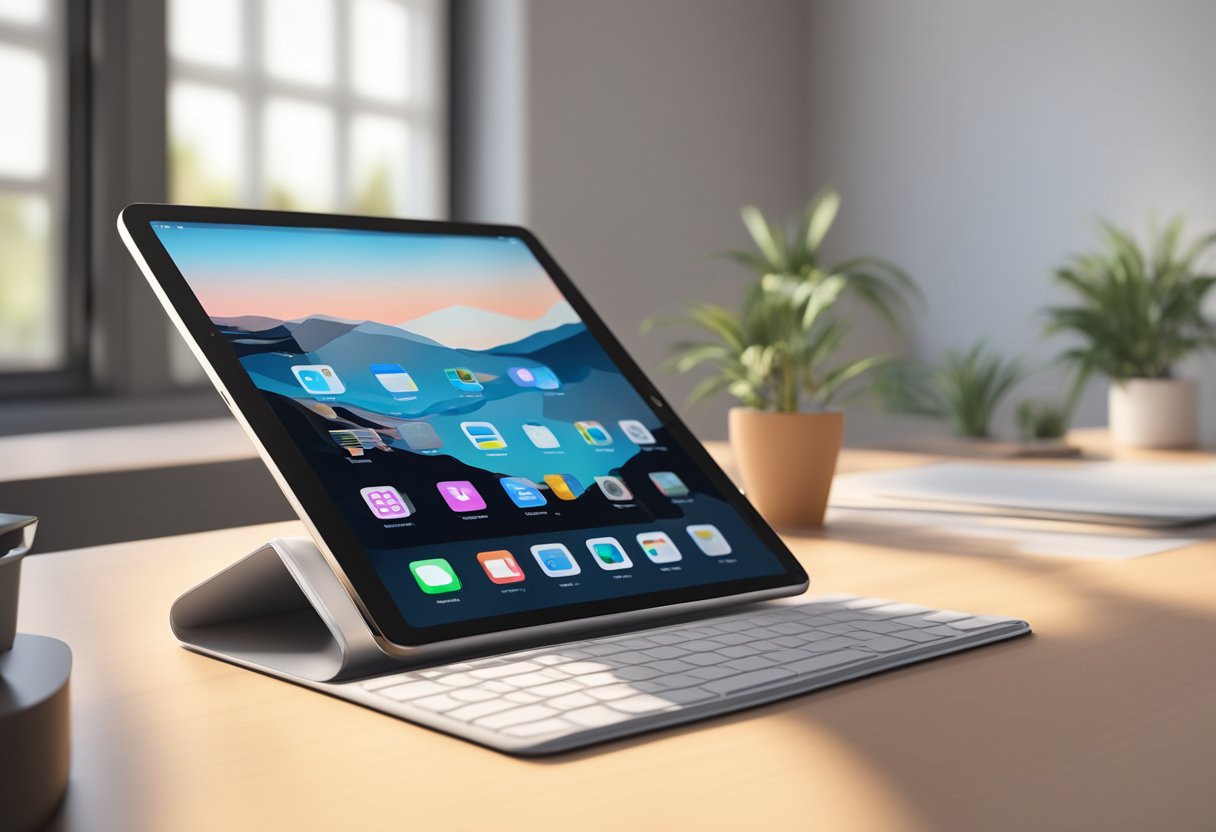 An iPad 9th generation sits on a sleek, modern desk with a clean and minimalist background. The device is illuminated by soft, natural light, casting a gentle shadow