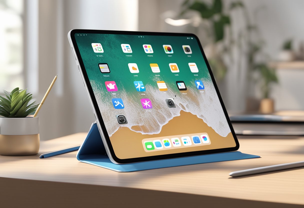 An iPad 9th generation is placed on a sleek, modern desk. The device is powered on and displaying a high-quality image or video