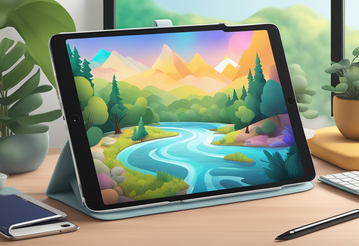 An iPad 9th generation sits on a desk surrounded by various accessories such as a protective case, charging cable, and wireless keyboard. The background shows a vibrant ecosystem with trees, birds, and a flowing river