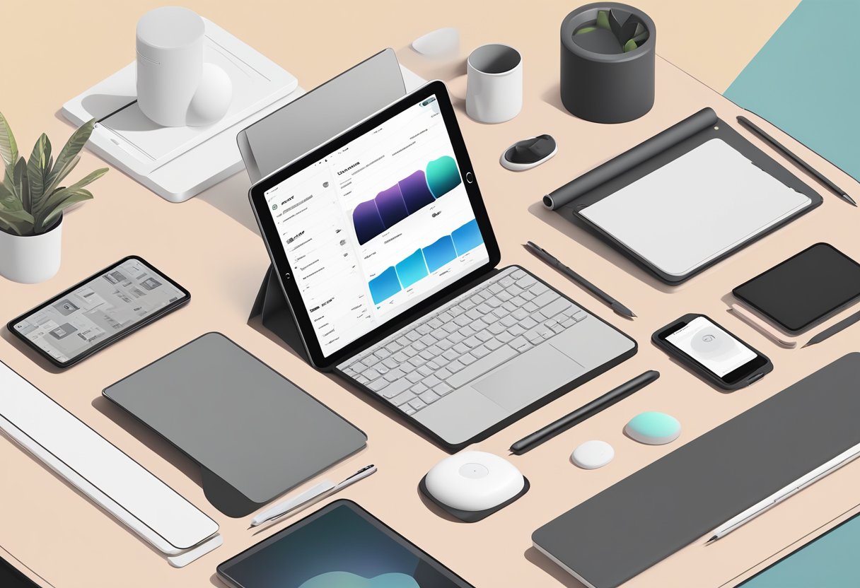 An iPad 9th generation sits on a clean, modern desk, surrounded by sleek technology and a minimalist aesthetic