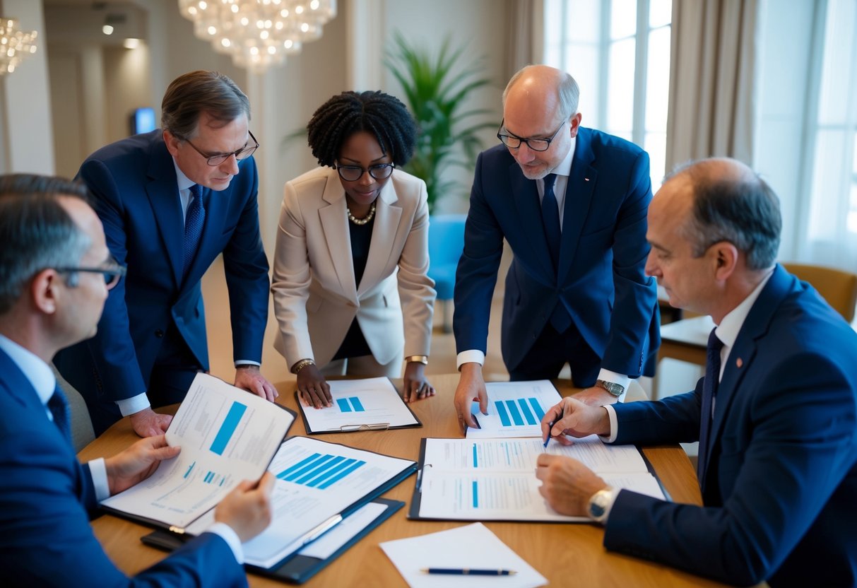 A group of officials review and evaluate documents for public market selection in France 2024. Criteria and thresholds are carefully considered