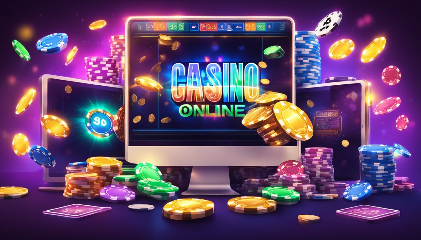 A digital screen with colorful graphics displaying various casino games, surrounded by virtual chips and cards, while a glowing "online gambling" sign illuminates the background