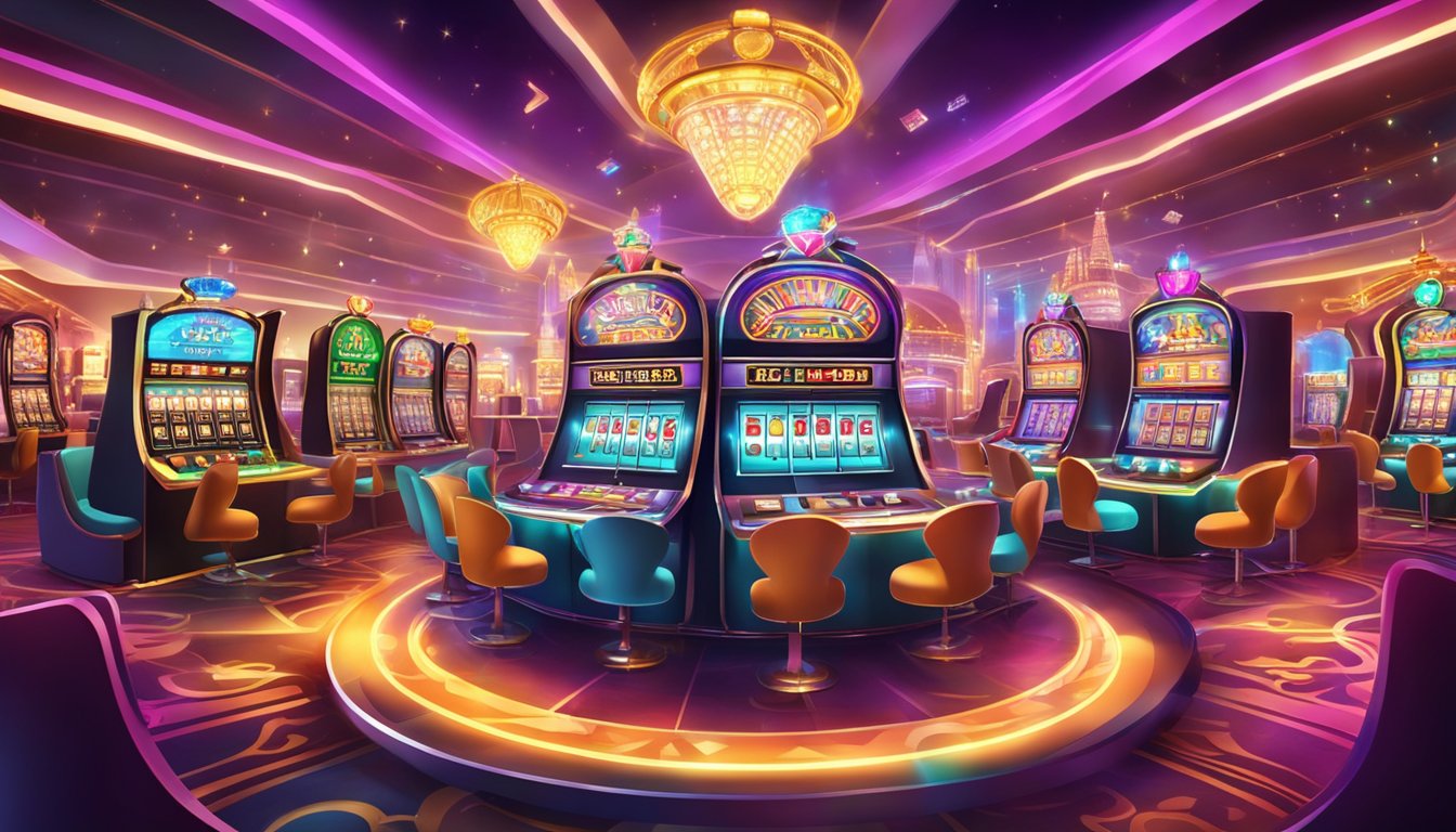 A vibrant online casino with flashing lights and colorful slot machines, surrounded by virtual card tables and a lively atmosphere