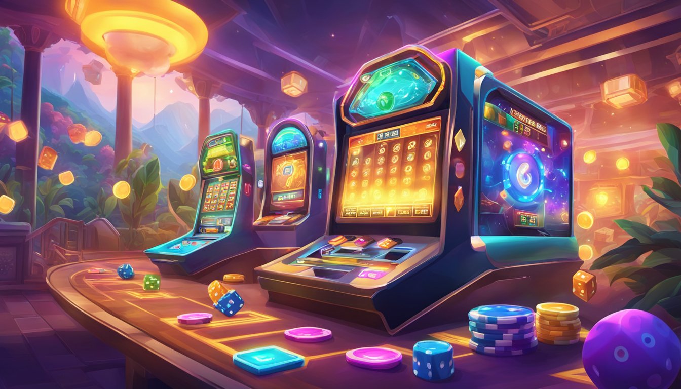 A variety of online games, including gambling, are depicted in a vibrant digital landscape with colorful graphics and interactive interfaces