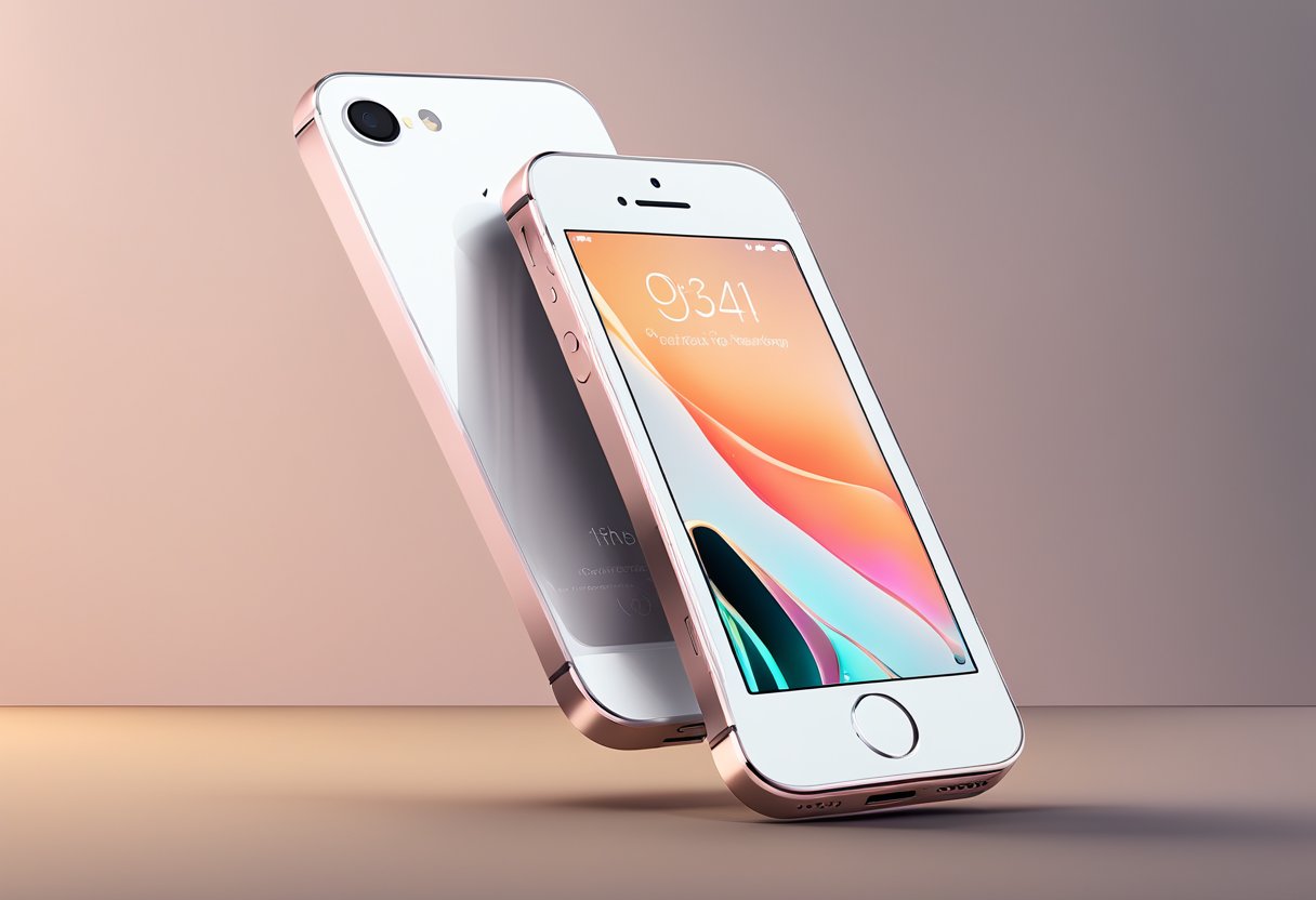 A sleek, compact iPhone SE 4 is displayed on a clean, modern surface, with soft lighting highlighting its features