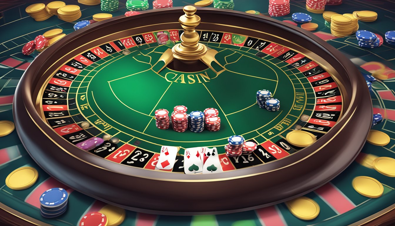 A virtual casino game with cards, chips, and a strategy board