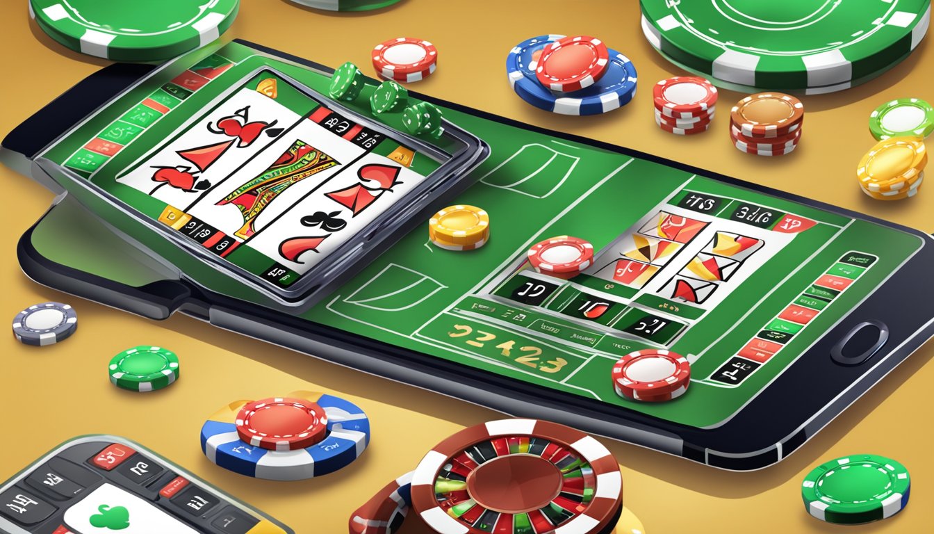 A mobile device with a gambling app open, showing various casino games and betting options