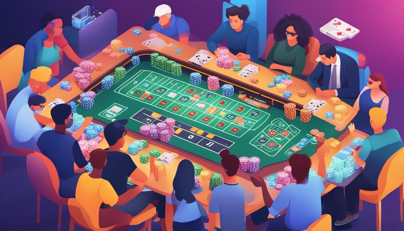 A group of people at a virtual gambling table, surrounded by social elements and digital interfaces, engaging in online gambling activities