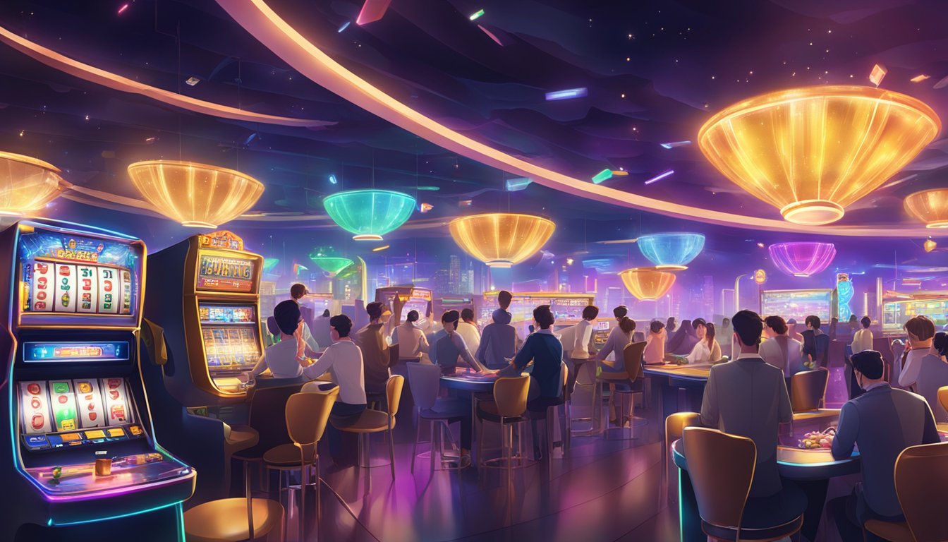 A bustling USDT entertainment city with bright lights, colorful slot machines, and lively card tables. Patrons enjoy the energetic atmosphere and thrilling games