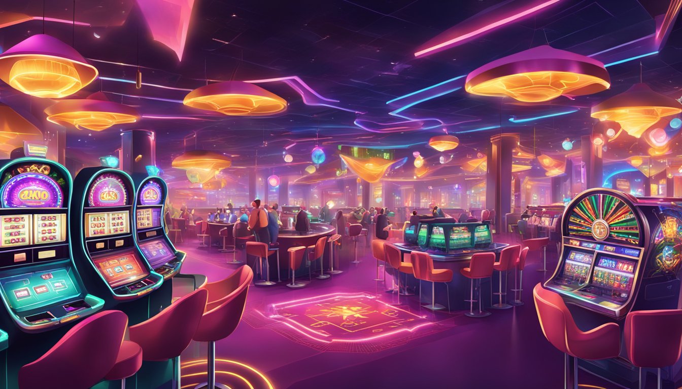 A vibrant casino with USDT symbols, slot machines, and card tables bustling with activity. Bright lights and colorful decorations create an energetic atmosphere