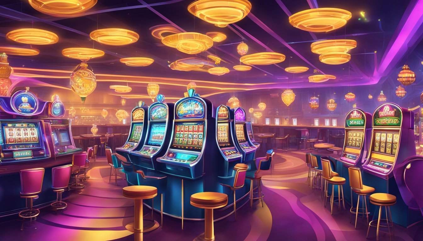 A vibrant casino with USDT integration, featuring slot machines, card tables, and a lively atmosphere