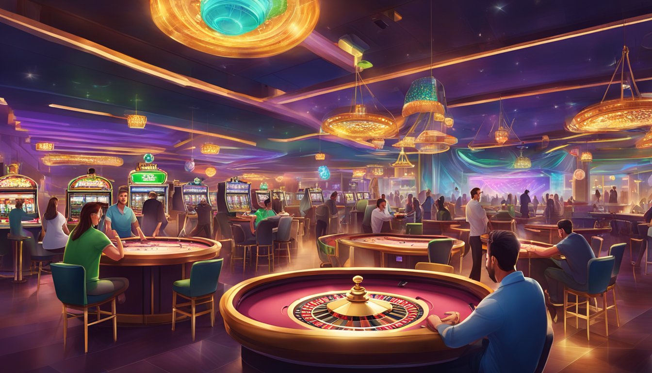 A vibrant casino scene with various game tables, slot machines, and a lively atmosphere at USDT Entertainment City