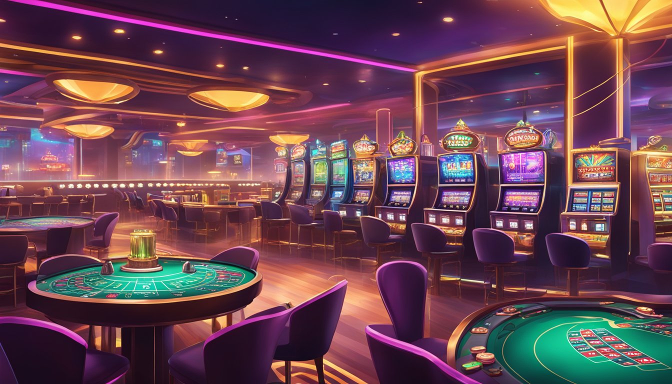 A vibrant USDT casino with modern design, sleek gaming tables, and colorful slot machines. Excited patrons enjoy the lively atmosphere and thrilling entertainment