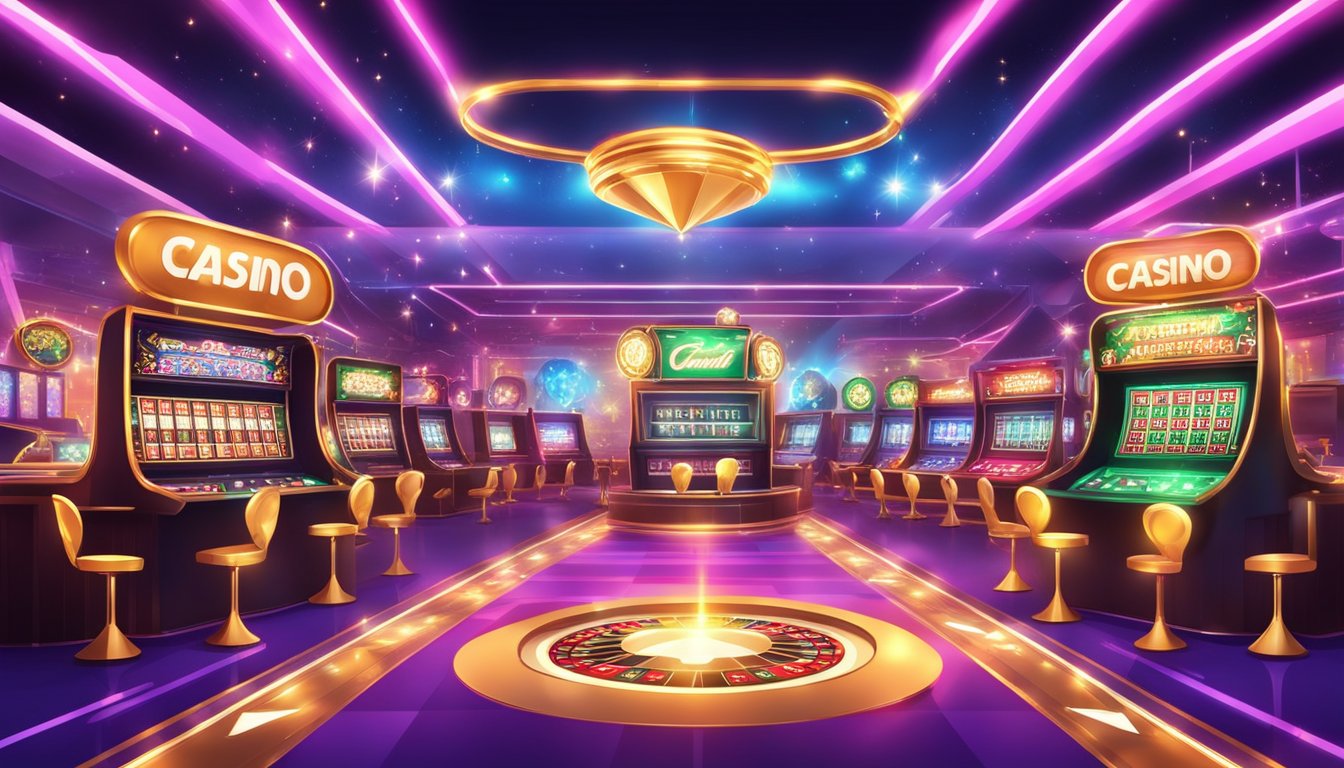 A vibrant casino setting with USDT symbols, flashing lights, and promotional banners. Exciting atmosphere with a mix of entertainment and rewards