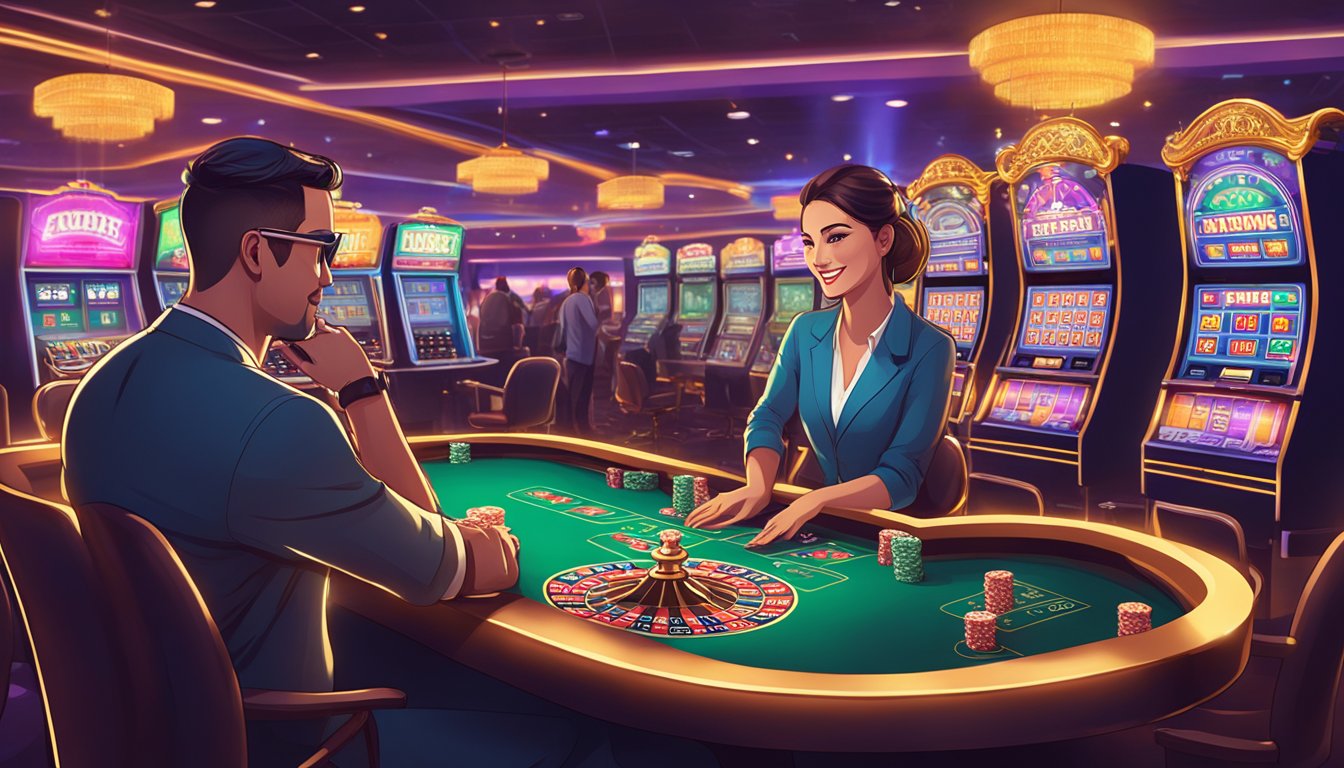 A customer service representative assists a client at a USDT casino, with various entertainment options in the background