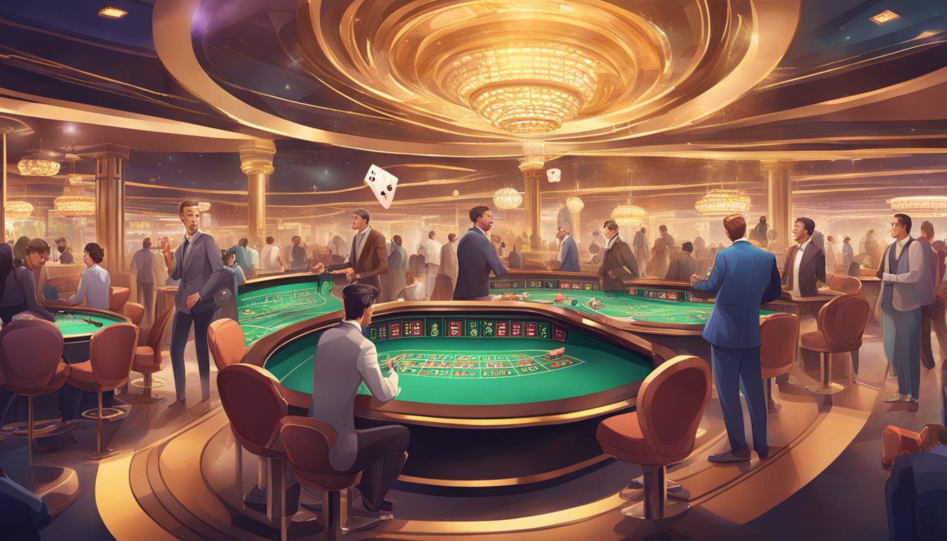 A bustling casino with USDT signs, people gambling responsibly