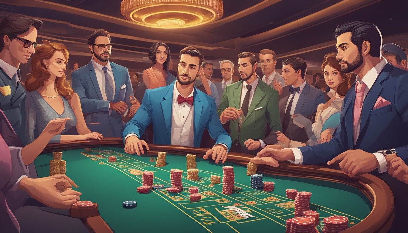 A group of people crowded around a flashy casino table, while a sly dealer manipulates the game in their favor