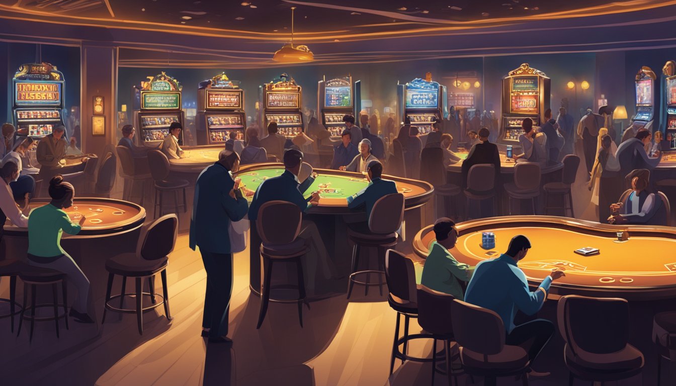 A bustling casino with flashing lights and crowded tables. Suspicious figures lurk in the shadows, while unsuspecting patrons play games of chance