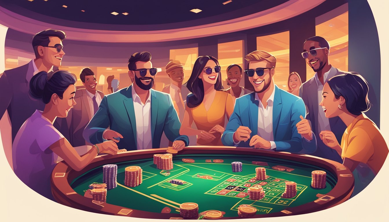 A group of people look excited as they play games at a flashy casino, while others nervously glance around, suspicious of potential scams