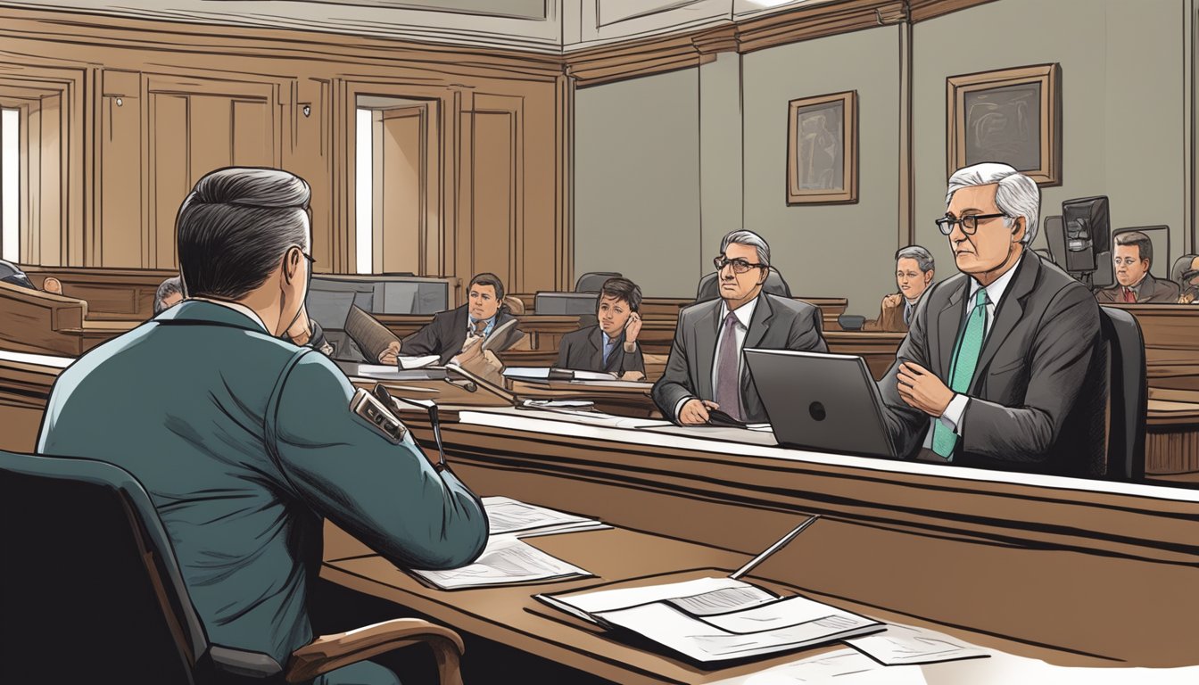 A victim giving testimony in a courtroom, while experts analyze evidence of a casino scam