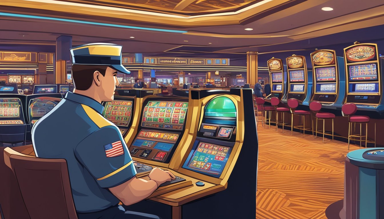 A security guard monitors a casino floor, watching for suspicious activity and potential scams. Surveillance cameras are positioned throughout the area, capturing every angle of the gaming tables and slot machines