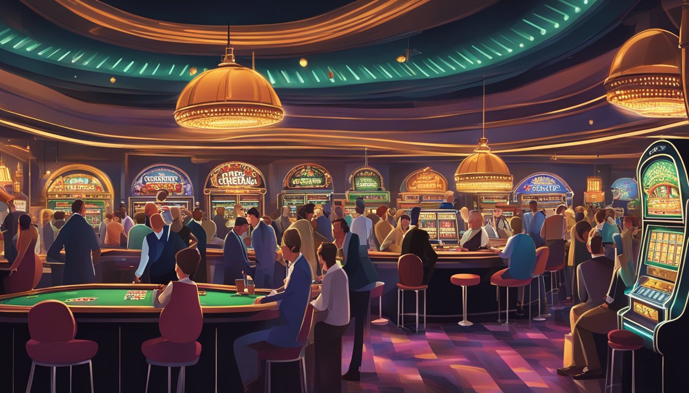 A bustling, legitimate casino with bright lights and happy patrons contrasts with a dark, seedy establishment where shady characters engage in fraudulent activities