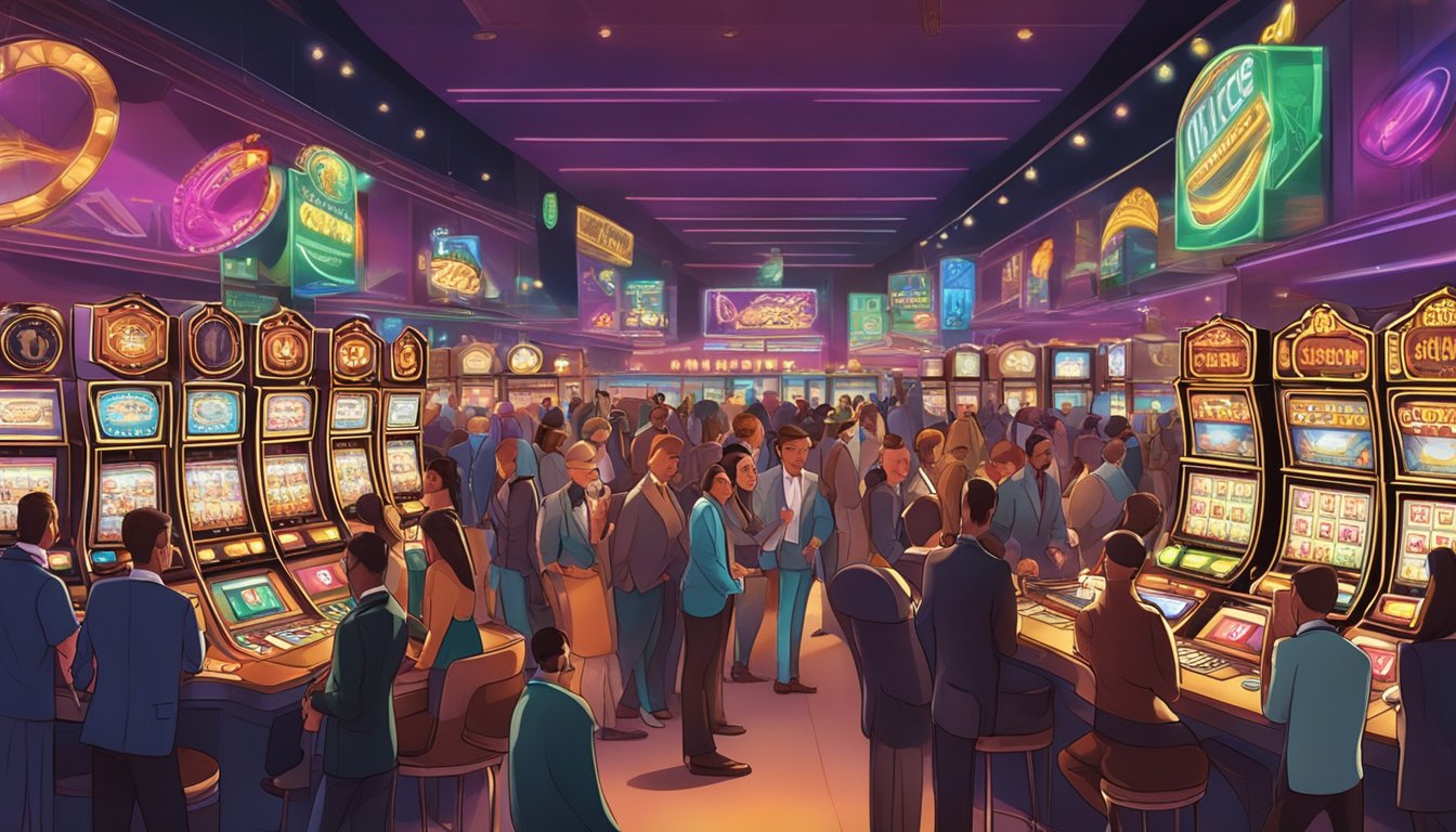 A crowded casino with flashing lights and bustling activity, as a scam artist takes advantage of unsuspecting patrons