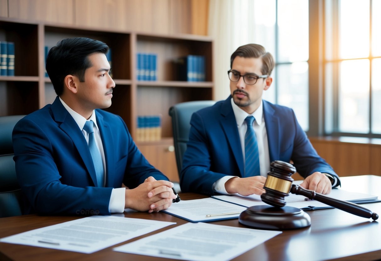 A courtroom scene with a lawyer and client discussing felony charges in Marietta. Legal documents and a gavel on the table