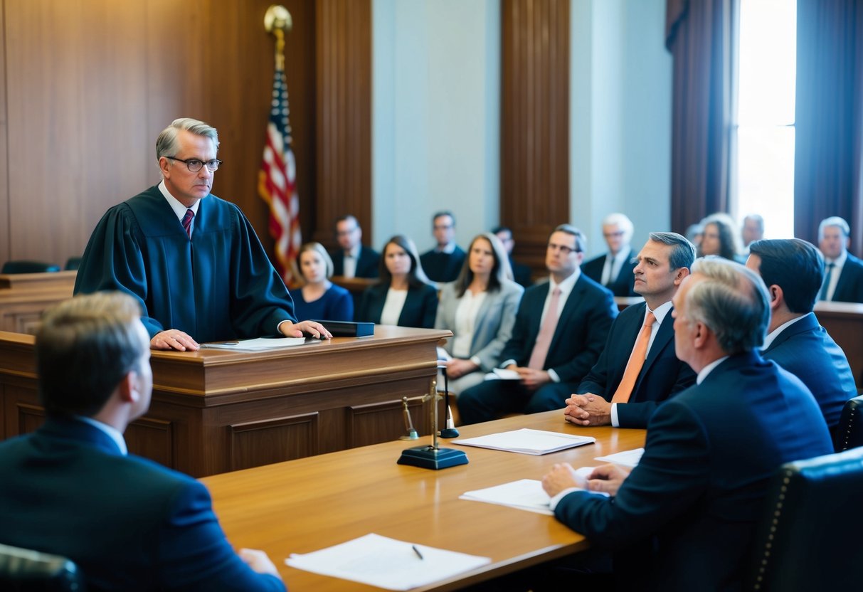 A courtroom setting with a judge presiding over a trial, a defendant and their lawyer, and a jury listening intently. The seriousness of the situation is palpable, emphasizing the importance of understanding felony charges