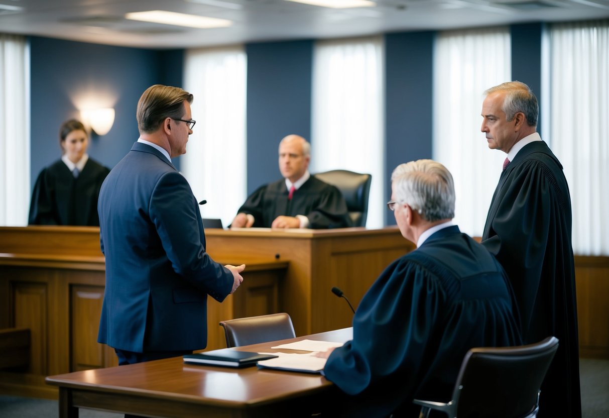 A courtroom scene with a judge sitting at a bench, a lawyer addressing the court, and a defendant standing before the judge