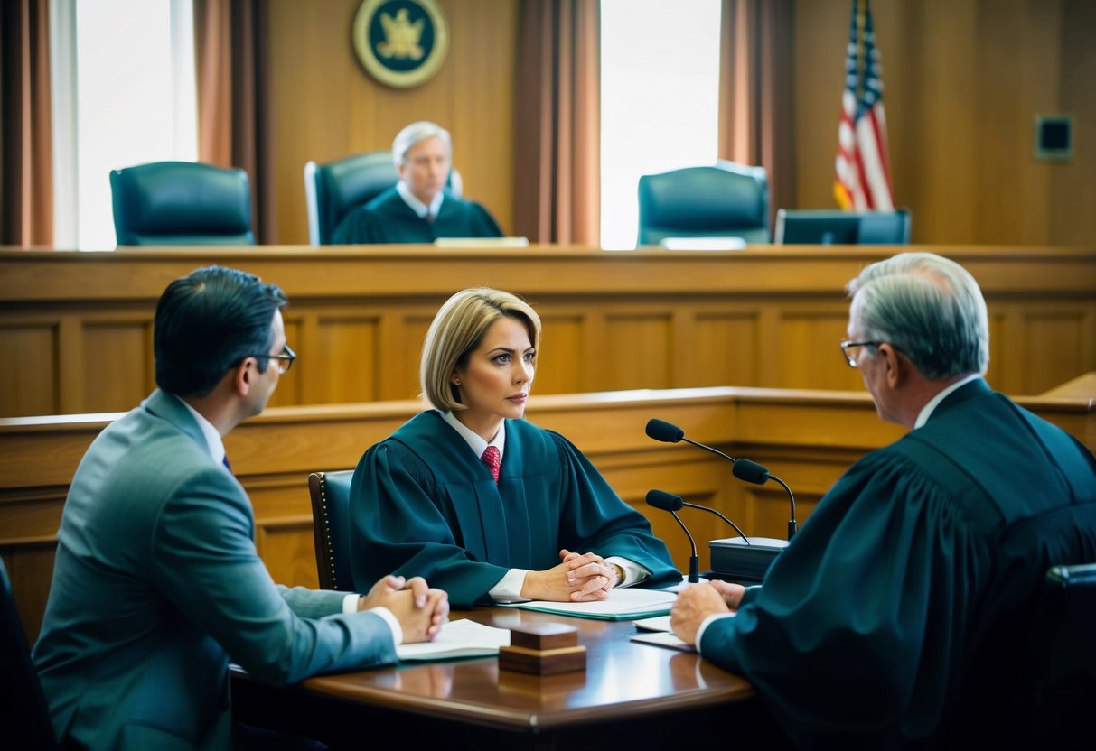 A courtroom with a judge presiding over a trial, a defendant, and their lawyer. The atmosphere is tense, with the potential consequences of a felony conviction looming