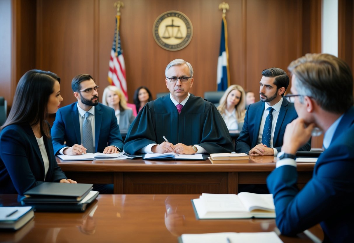 A courtroom with a judge presiding over a trial, a group of people discussing legal and social options, and a person contemplating their future