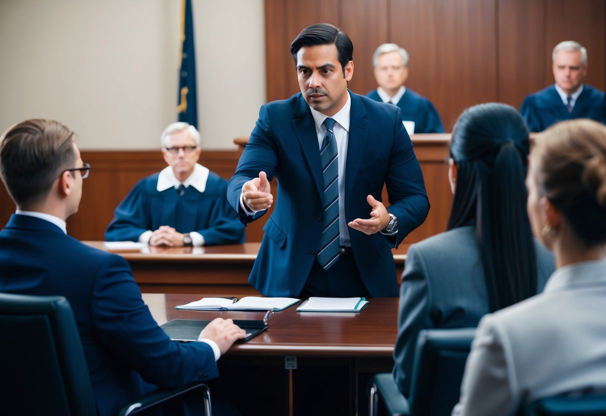 A courtroom scene with a lawyer presenting a strong defense strategy against felony charges to a judge and jury. The lawyer is confident and assertive, using evidence and persuasive arguments