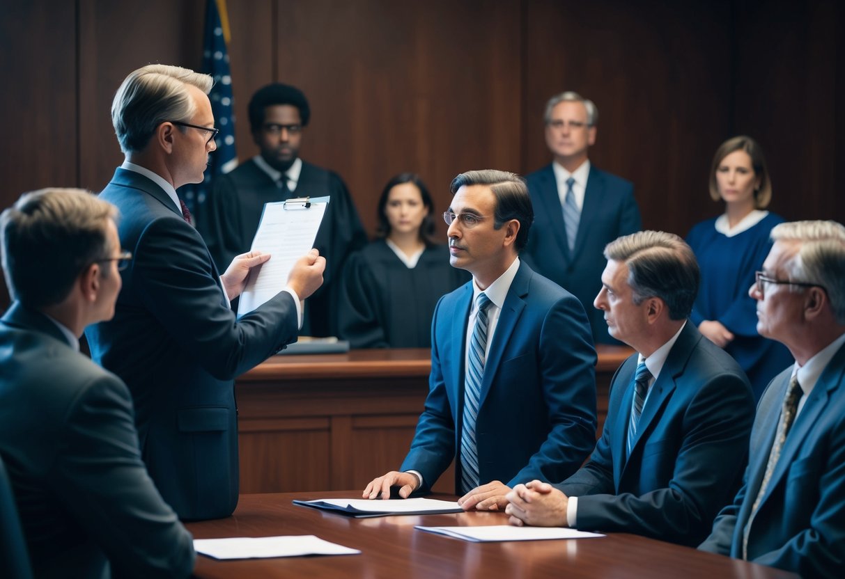 A courtroom scene with a defense attorney presenting evidence and arguments to a judge and jury, with the defendant sitting at the defense table