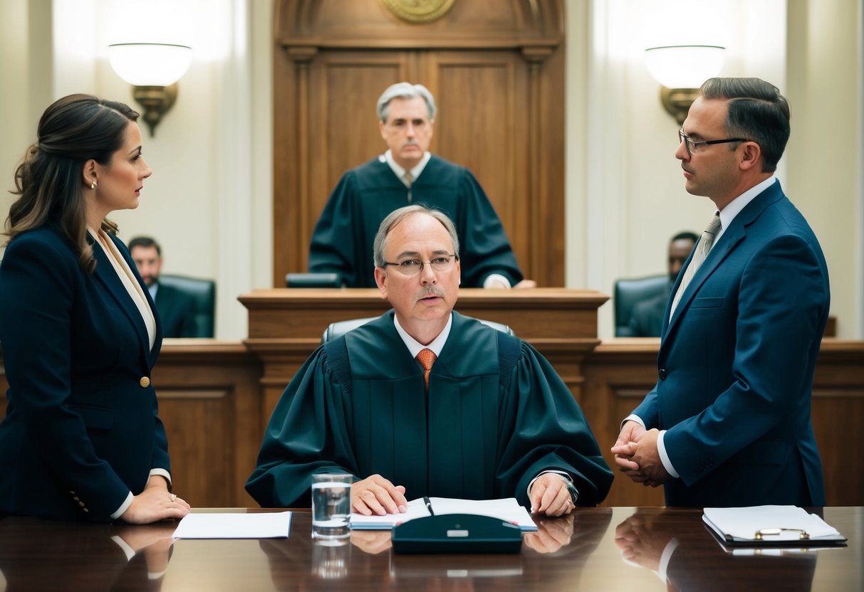 A courtroom scene with a judge presiding over a felony charge in Marietta. The defendant stands before the judge while the prosecutor and defense attorney present their arguments