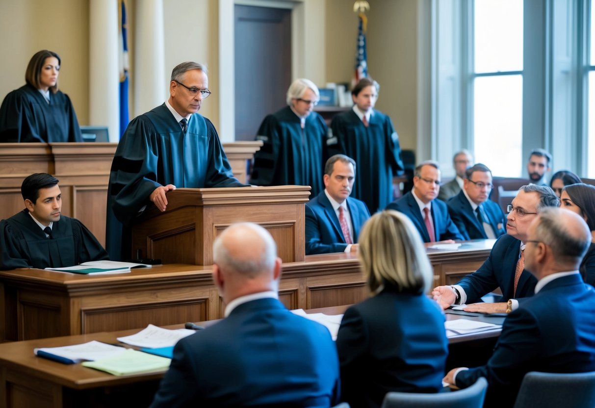 A courtroom with a judge presiding over a felony arraignment, lawyers presenting evidence, and a jury seated for a trial in Marietta