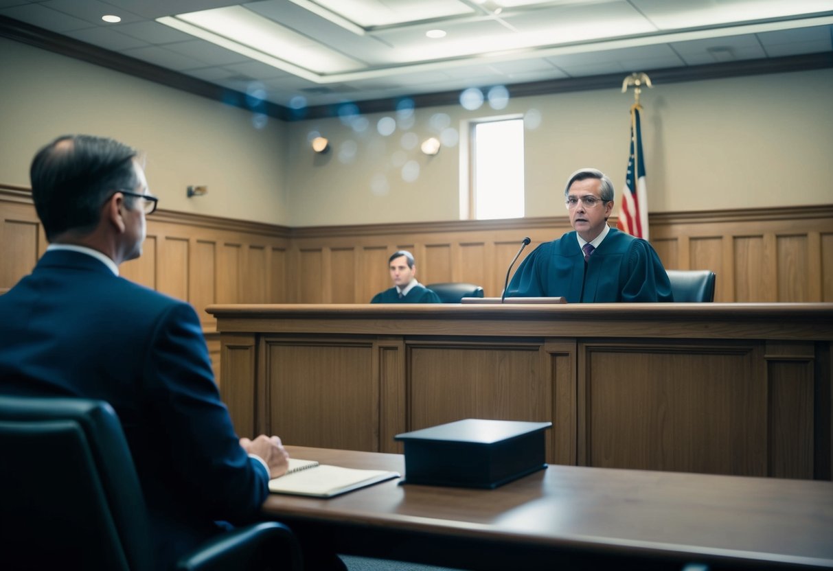 A courtroom with a judge's bench, witness stand, and jury box. A defendant sits at the defense table. The atmosphere is tense and serious