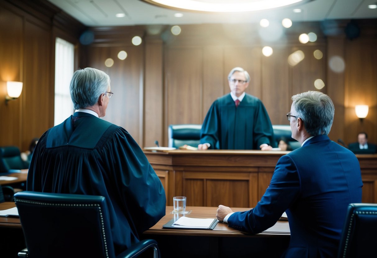 A courtroom scene with a judge presiding over a trial, a defendant standing before the judge, and a lawyer representing the defendant. The atmosphere is tense and serious